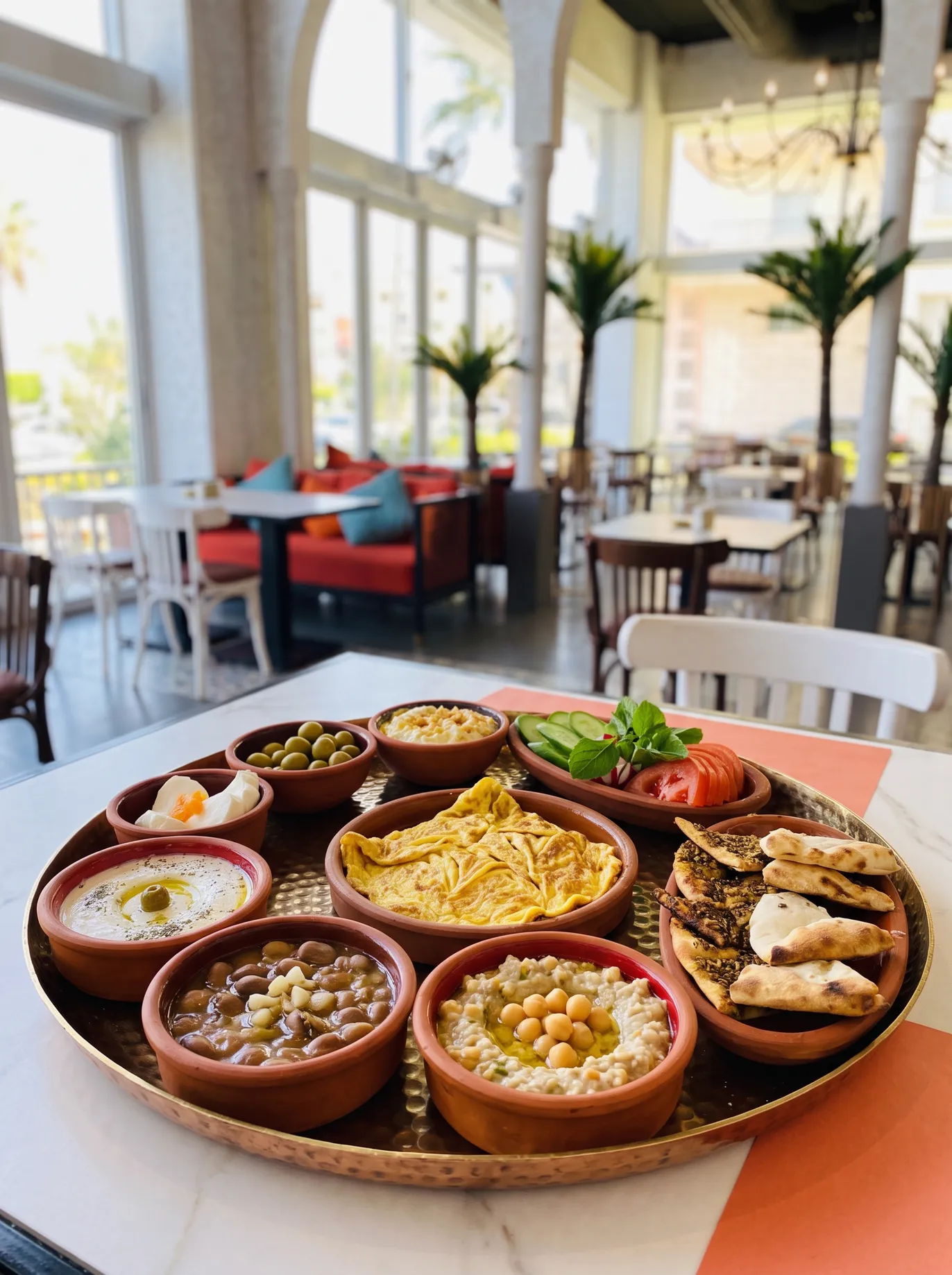 The breakfast tray: foul, mousabaha, labneh, an omelette, akkawi, olives and za'atar manakish in clay bowls on a copper tray, under the café's arches