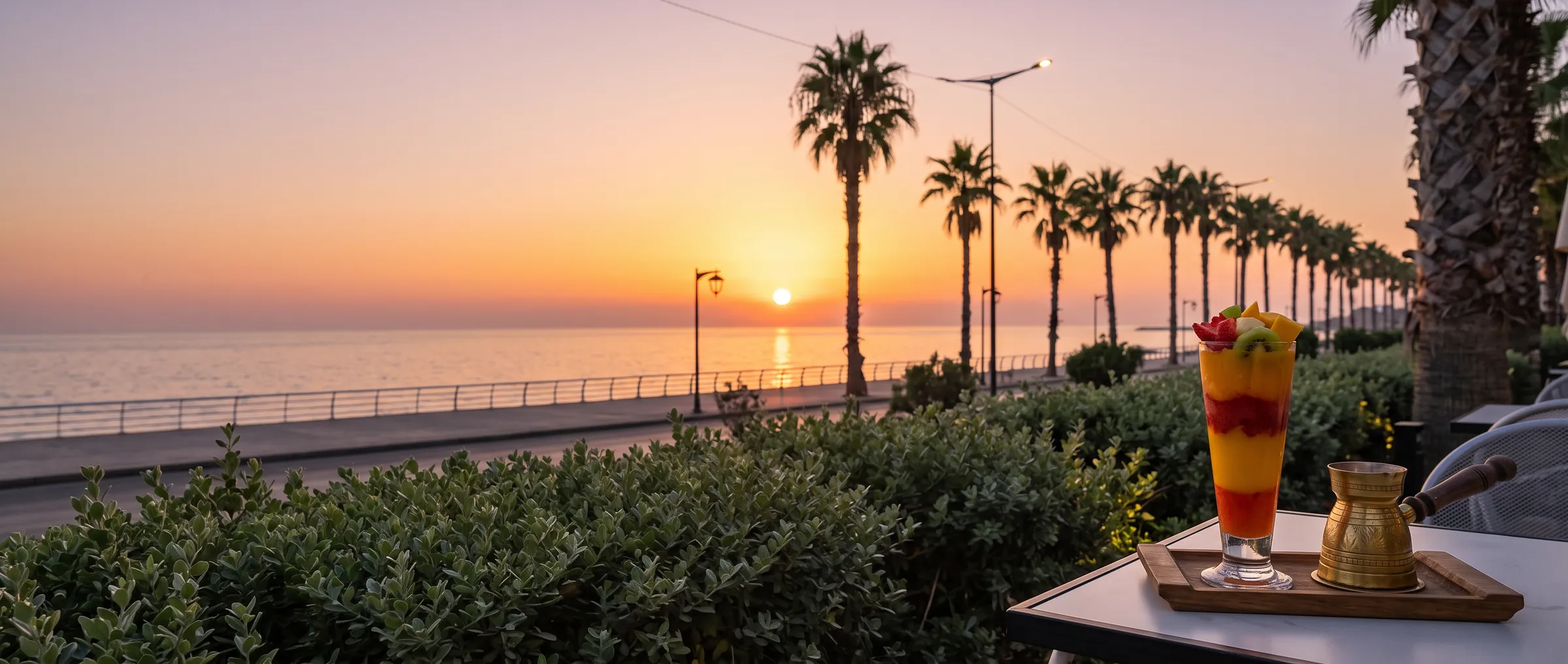 Sunset over the sea and the palms of the Corniche, seen from the terrace, with a layered fruit cocktail and a brass rakweh on the table