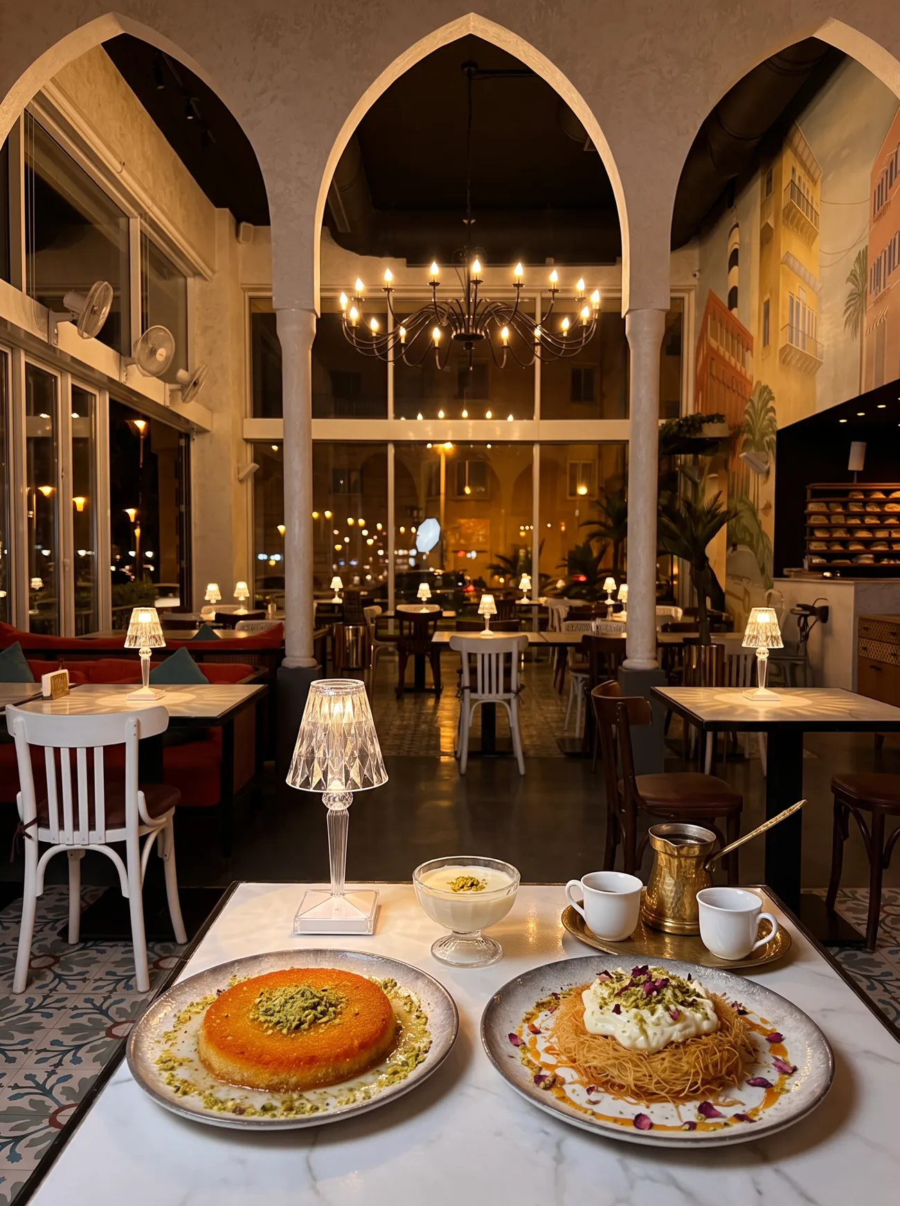 Knefeh, osmaliyeh with ashta and mouhalabiyeh with Turkish coffee, under the café's pointed arches and chandelier at night