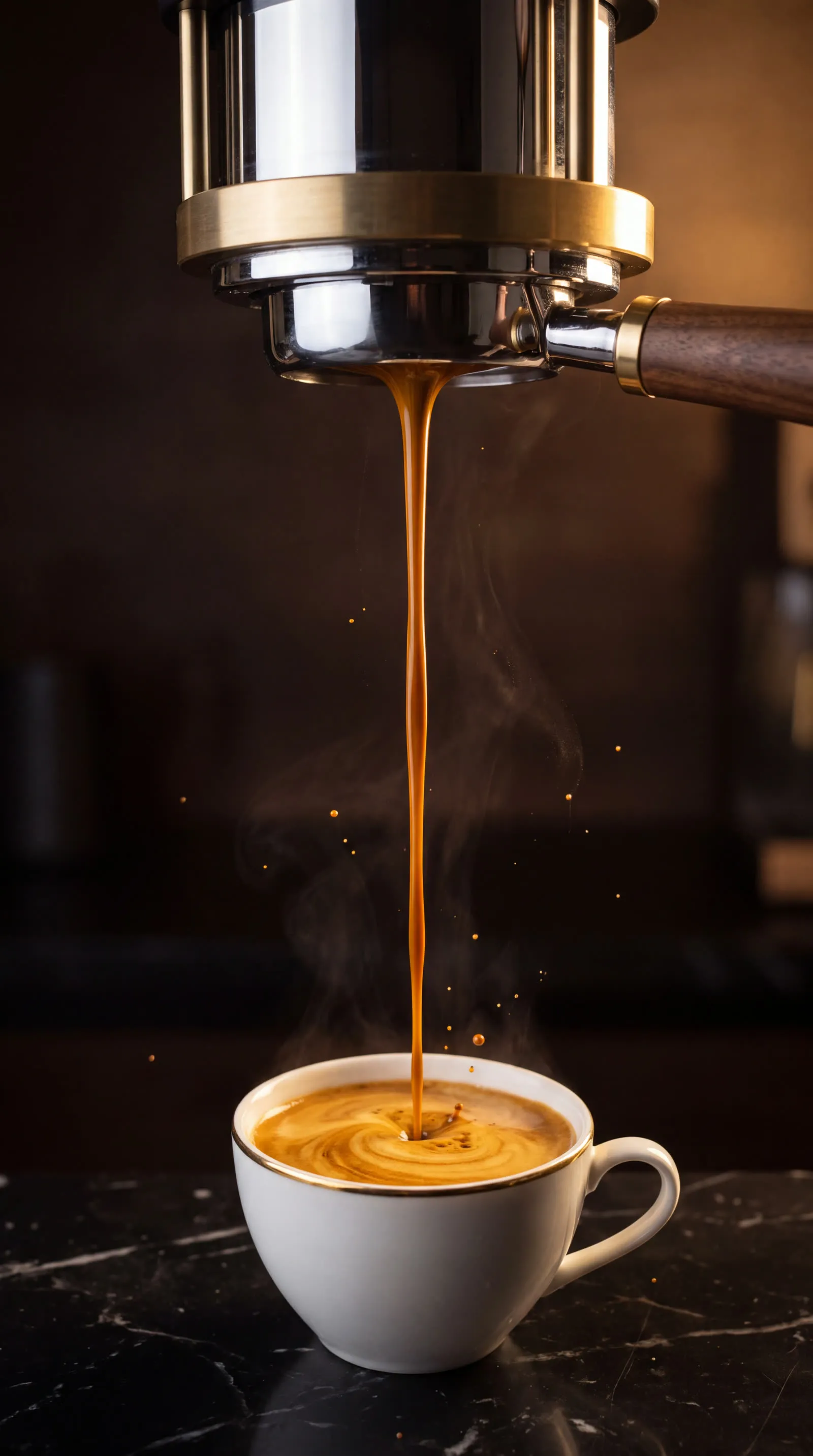 Espresso pouring in a thin golden stream from a brass machine into a gold-rimmed porcelain cup